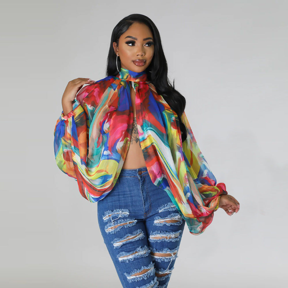 Women's Summer Lace-Up Printed Chiffon Shirt Bat Sleeves Top 25