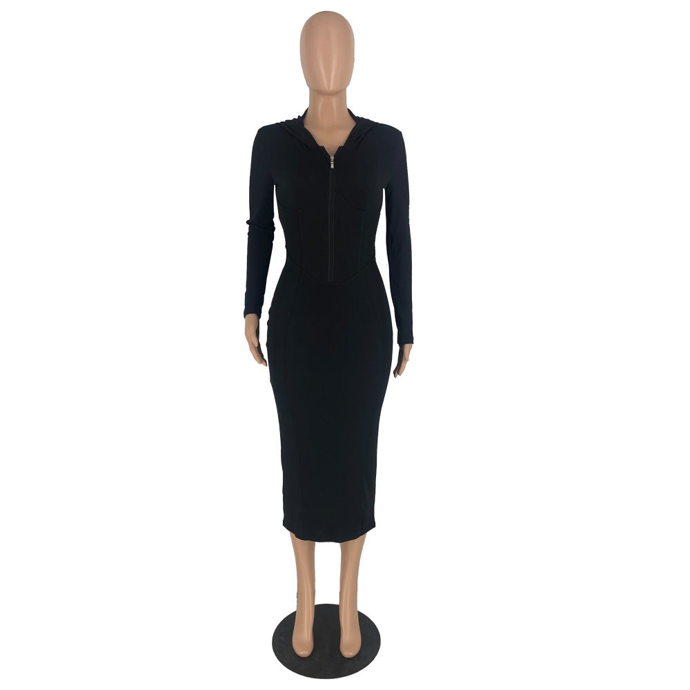 solid color long sleeve hooded zipper tight slim long dress 11