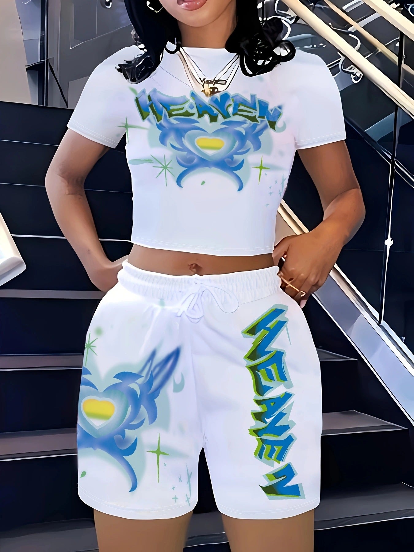 Summer Printed Loose Casual Two Piece Shorts Set 4