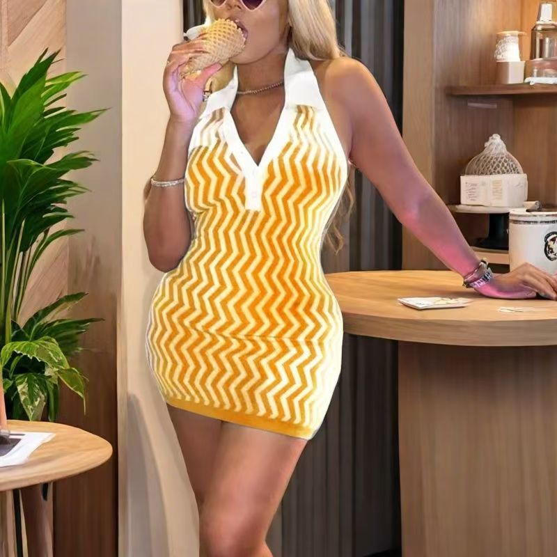 Turndown Collar Halter Neck Low-Back Summer Bodycon Dress 4