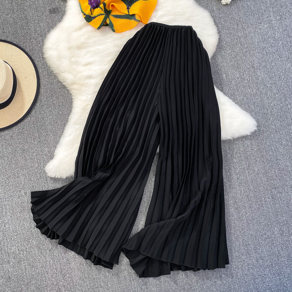 Fashion Women's Short Sleeve Printed Pleated Top High Waisted Slim Fit Wide Leg Pants Two-Piece Set 18