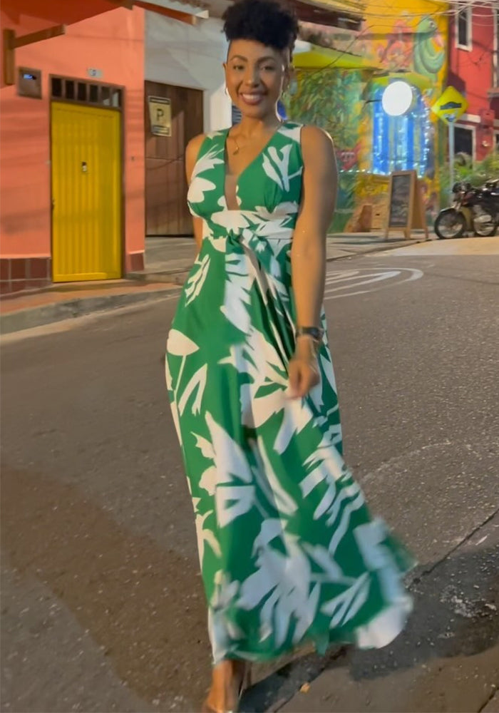 Women Summer Print Lace-Up Maxi Dress