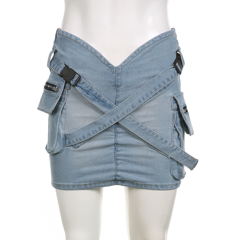 Women Pocket Cross Denim Mini Skirt 10