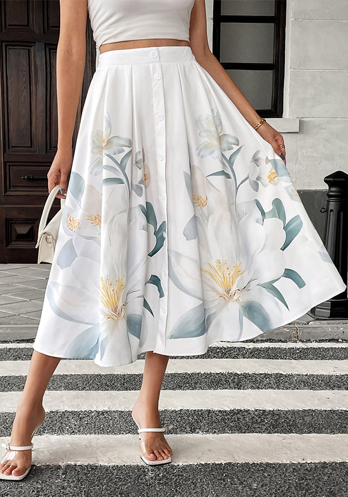 Button-Decorated Holiday Casual Floral Print A-Line Skirt