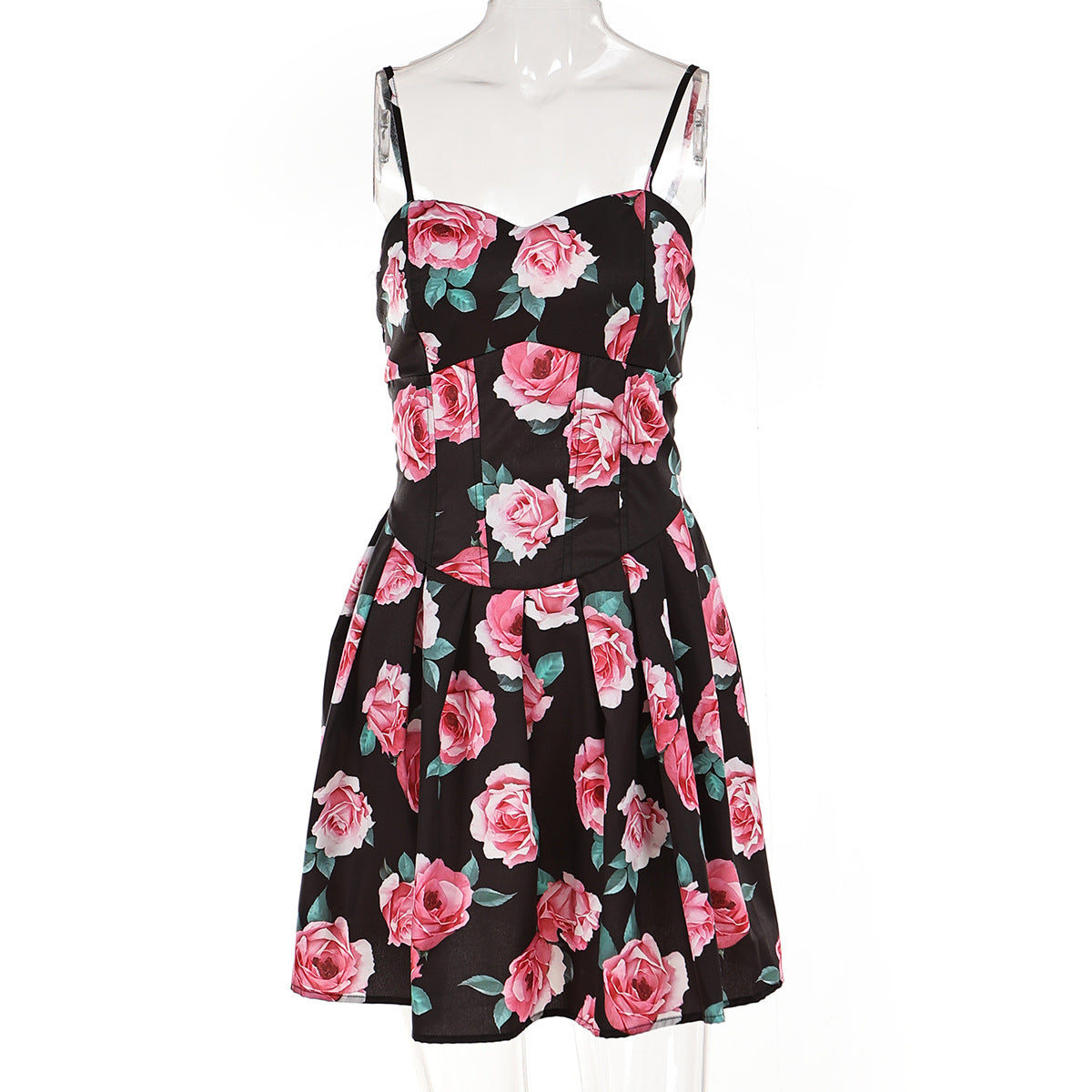 Women French rose print sexy pleated Strap Dress 8