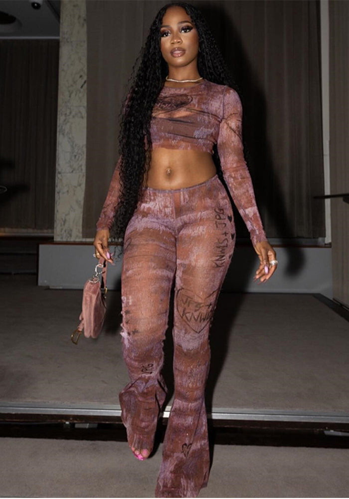 Women's Casual Micro-Transparent Sexy Slim Short Top & Long Pants Two Piece Set