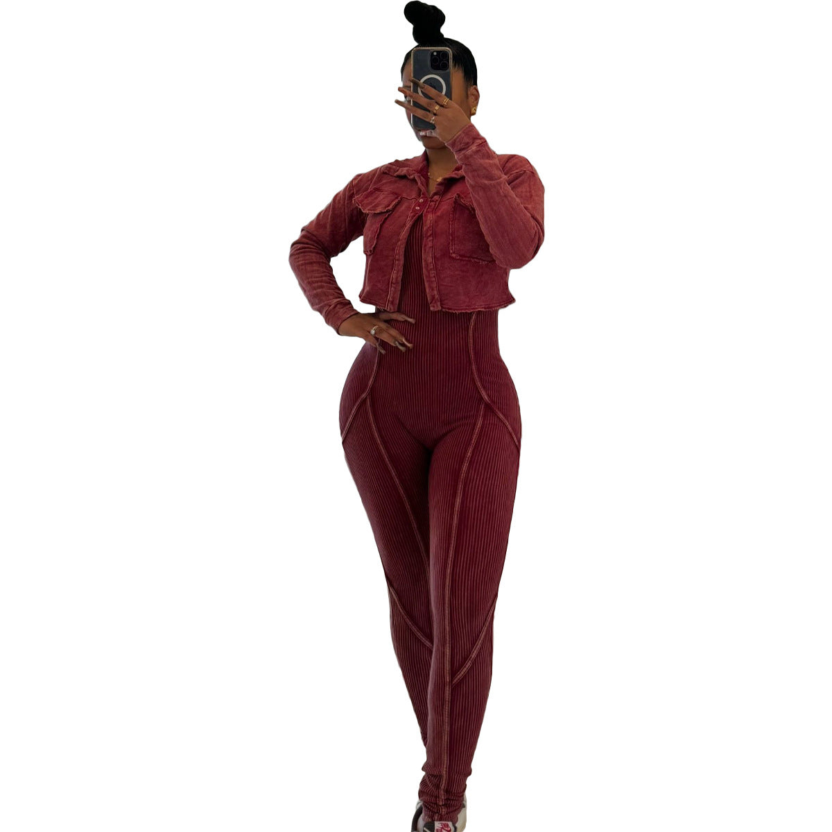 Fashion Women's Solid Color Tight Slim Jumpsuit Coat Casual Two-Piece Set 13