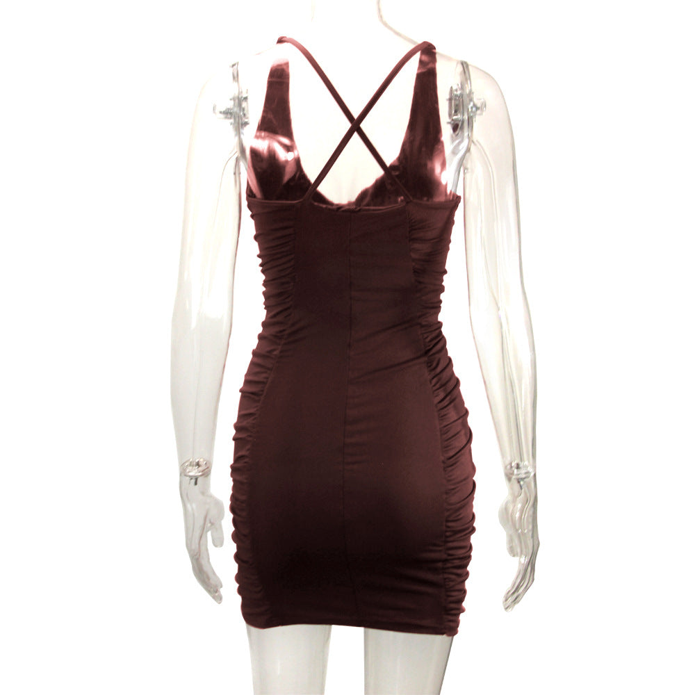 Women Summer V-Neck Backless Pleated Bodycon Dress 16