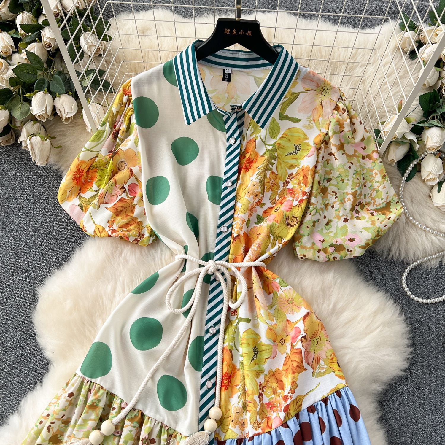 Color Block Patchwork Trendy Puff Sleeve Loose Flared Polka Dot Maxi Dress