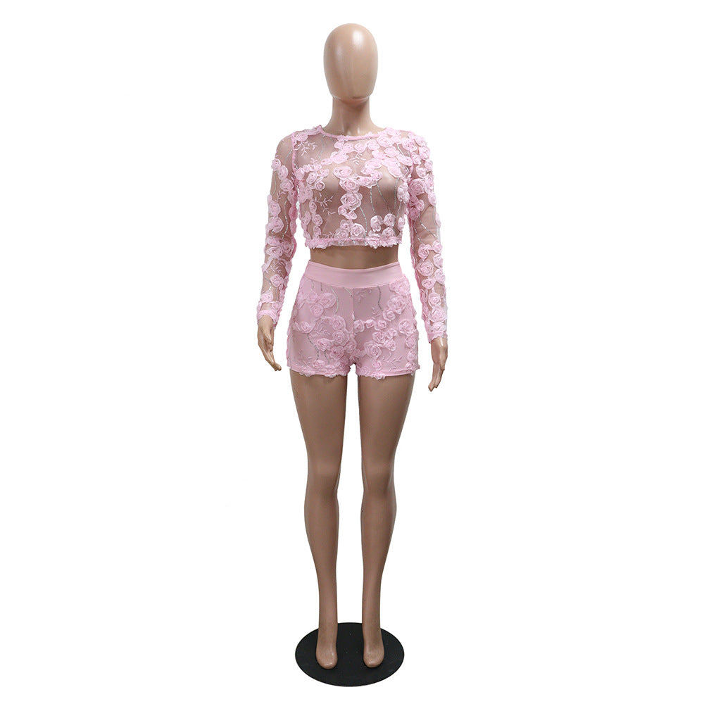 Women round neck long sleeve top and sexy shorts two-piece set 4