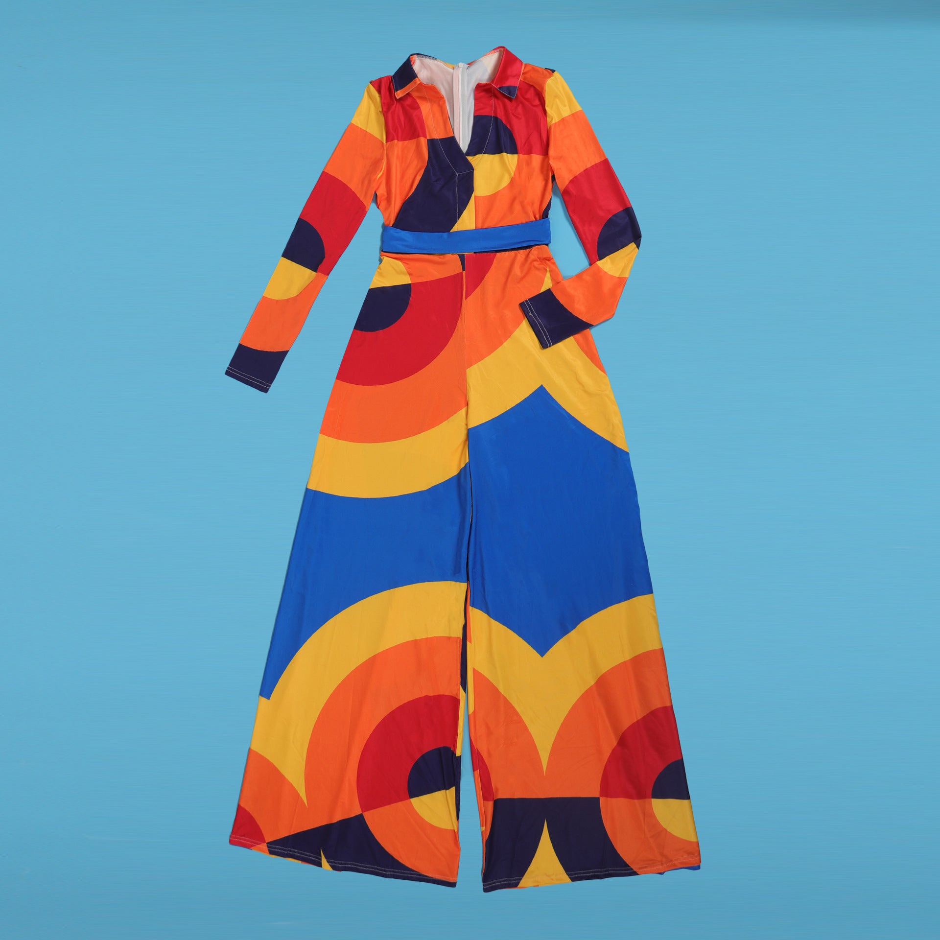 Sexy Slim Deep V Printed Wide Leg Turndown Collar Slim Waist Long Sleeve Jumpsuit 19