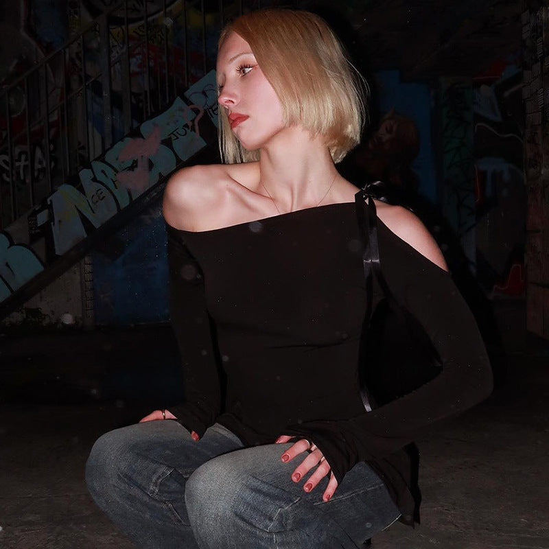 Women Fall Solid One-shoulder Slash Shoulder Long Sleeve Ruffle Bodycon Dress 6