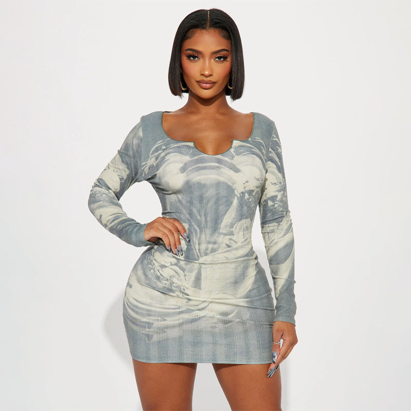 Women's Fashion Print Slim Fit Slim Waist Long Sleeve Tight Bodycon Dress