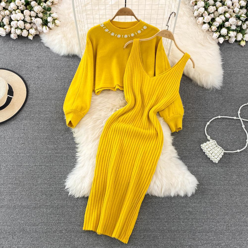 Autumn And Winter French Chic Beaded High-Waisted Sweater Dress Knitting Shirt Two-Piece Set 7