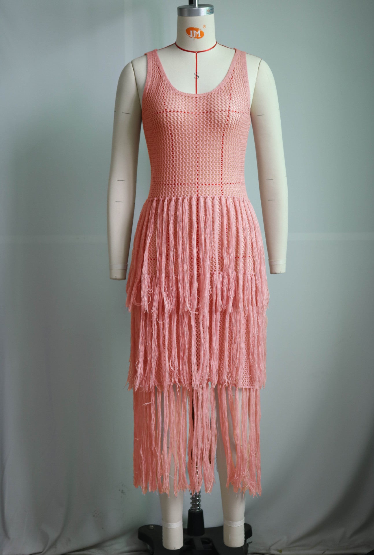Women Casual Round Neck Sleeveless knitting Mesh Tassel See-Through Dress 9