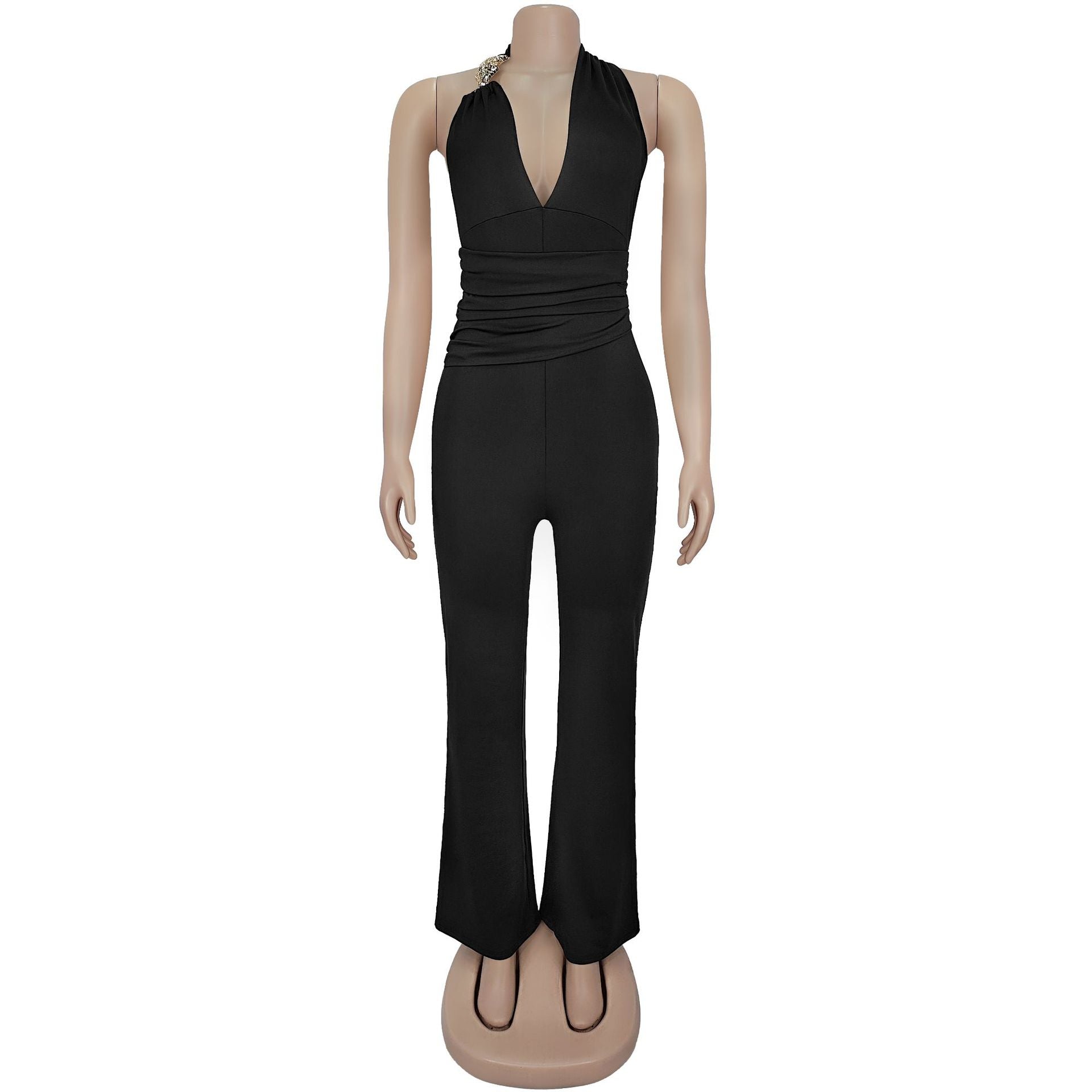 Women  Lace-Up Sexy V Neck Halter Neck Solid Jumpsuit 4
