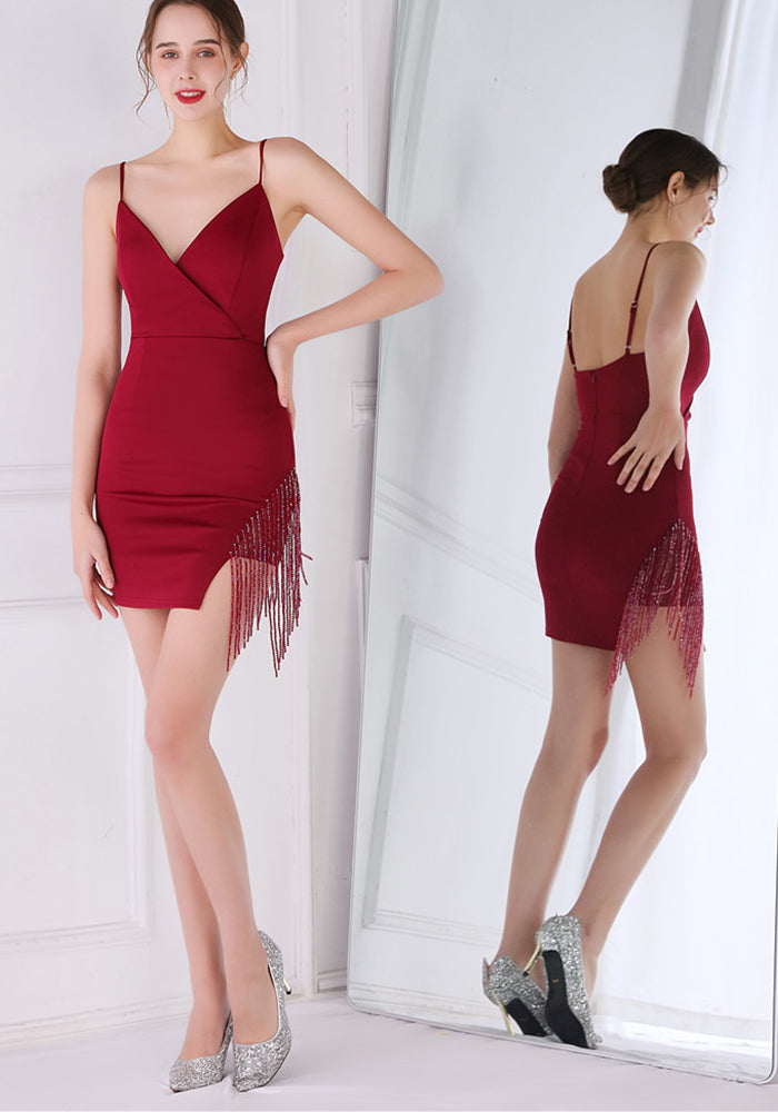 Women Summer Formal v-Neck Sleeveless Solid Fringed Mini Straight Club Dress