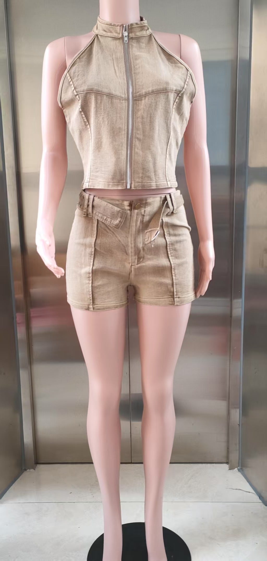 Women Denim Sleeveless Zipper Crop Top and Belt Shorts Two Piece Set 12