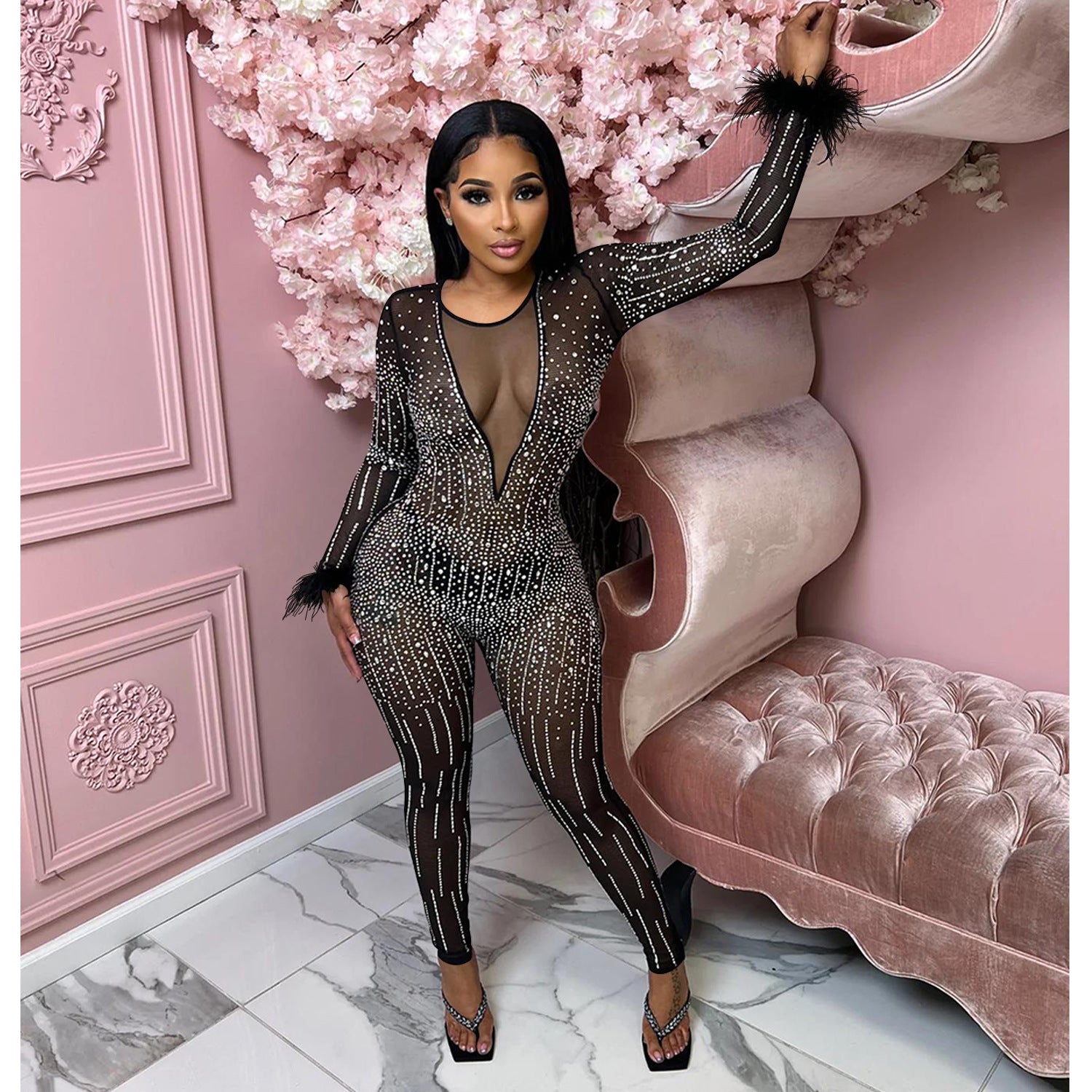 Fashion Women's Mesh Beaded V-Neck Long Sleeve Feather Long Library Jumpsuit