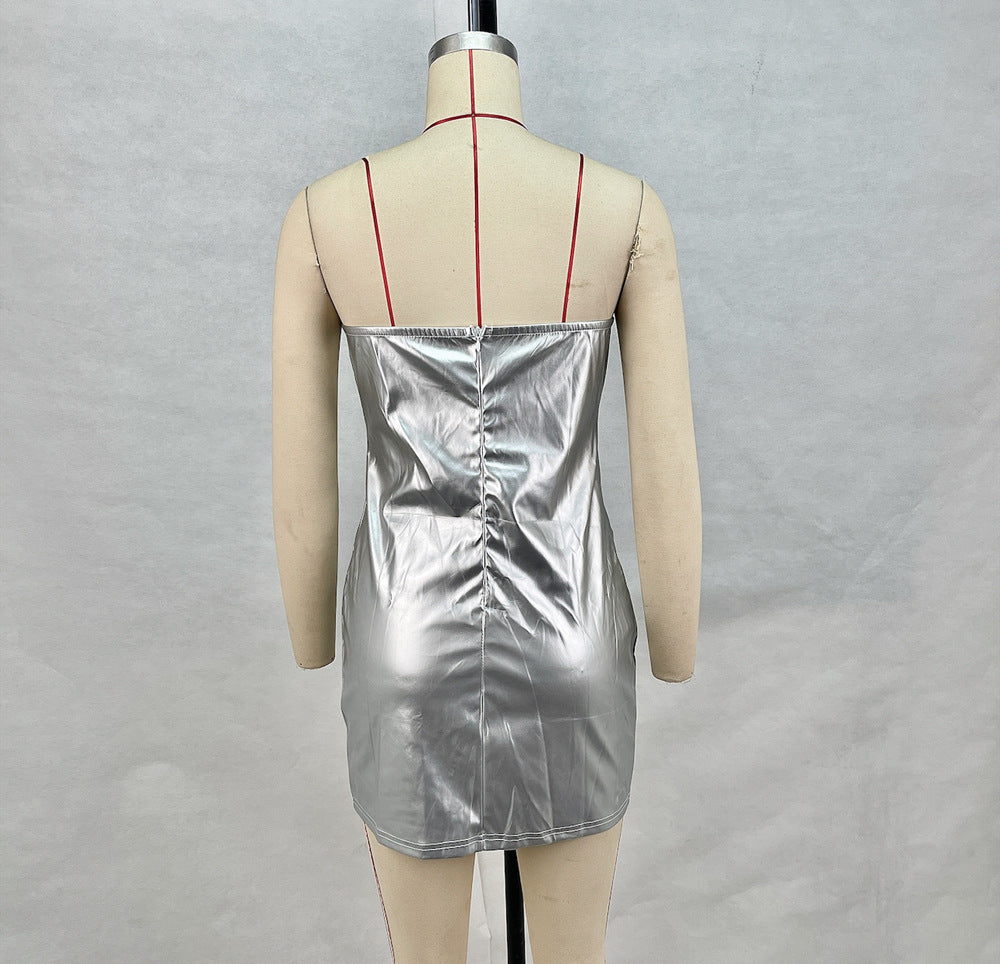Women's Pu Leather Strapless Sexy Low Back Bodycon Dress 7