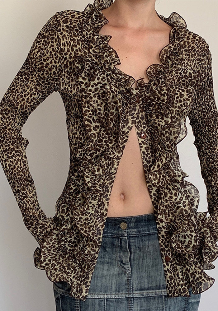 Women Sexy Ruffle Edge V Neck Animal Print Bell Bottom Sleeve Top