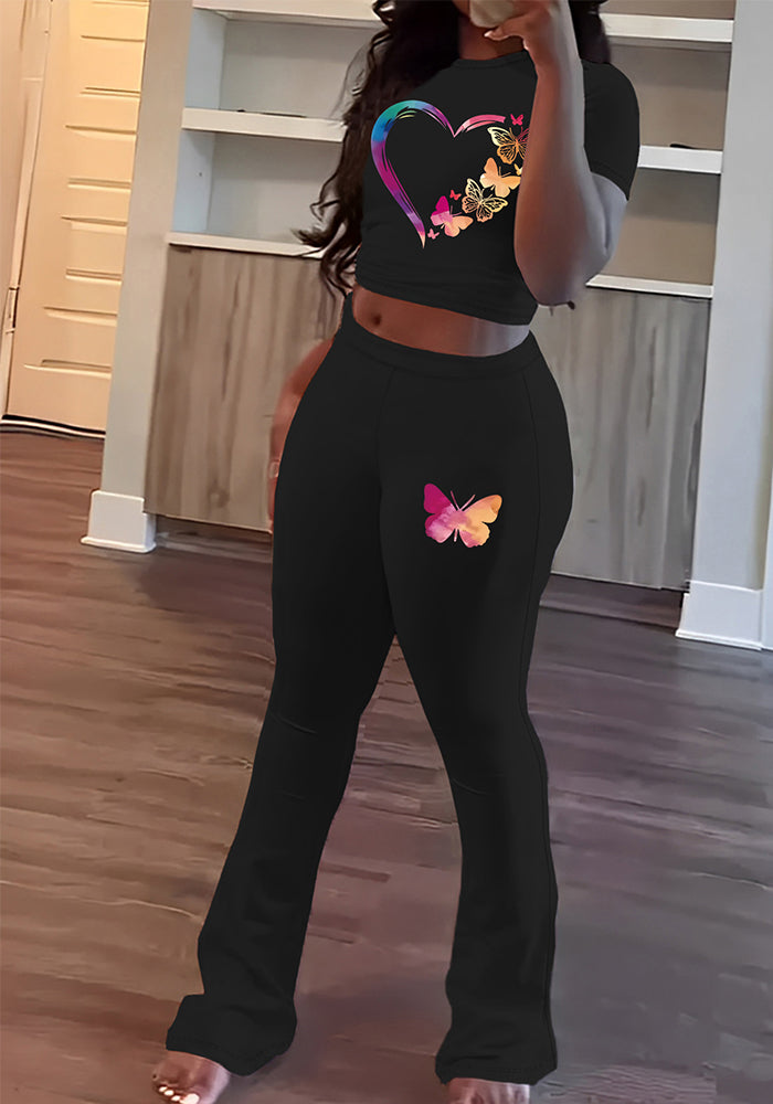 Spring Printed Short Sleeve Round Neck Top and Long Pants Two-Piece Set for Women