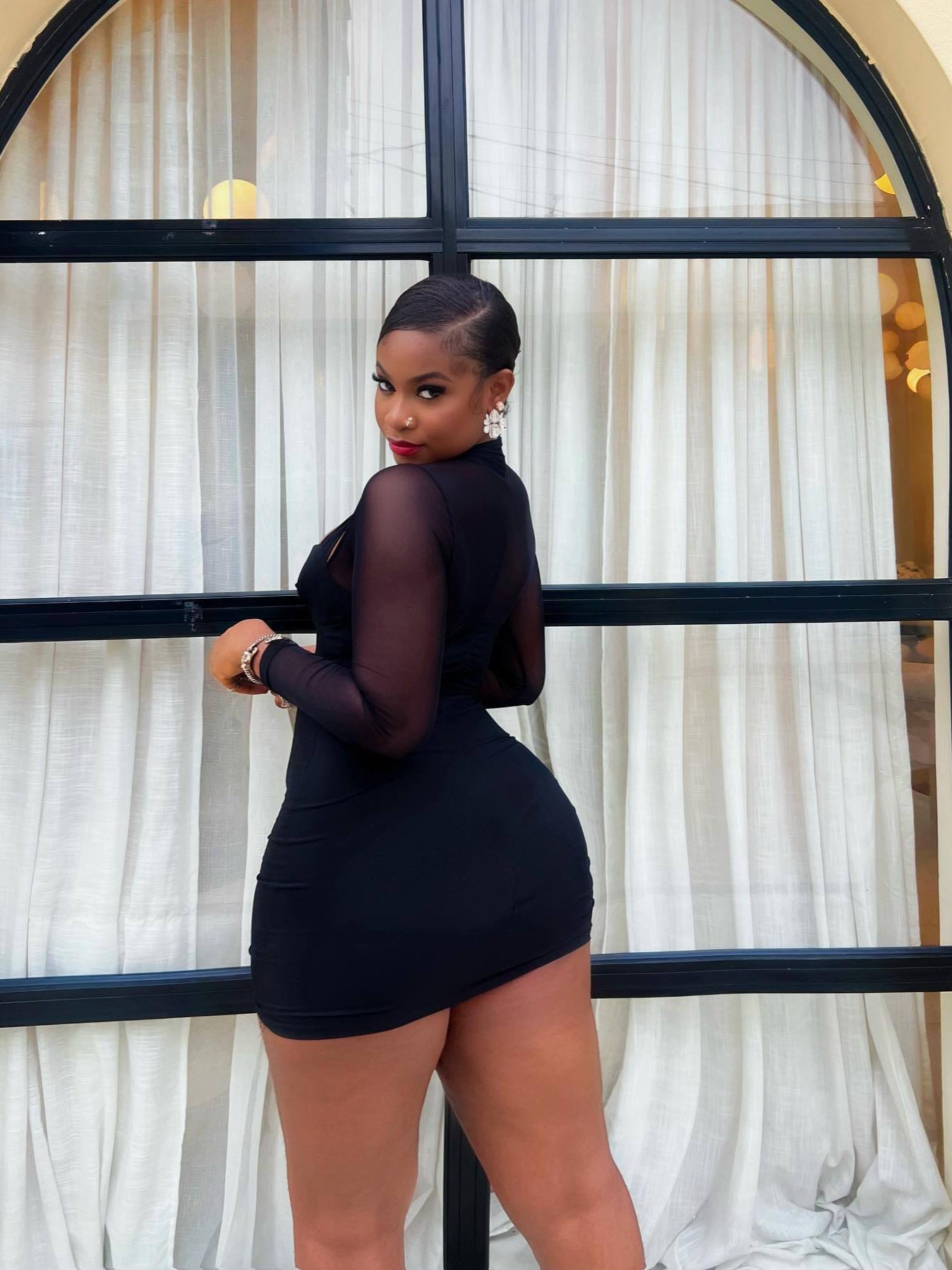 Women Halter Neck Sexy Mesh Patchwork Long Sleeve Bodycon Dress 3