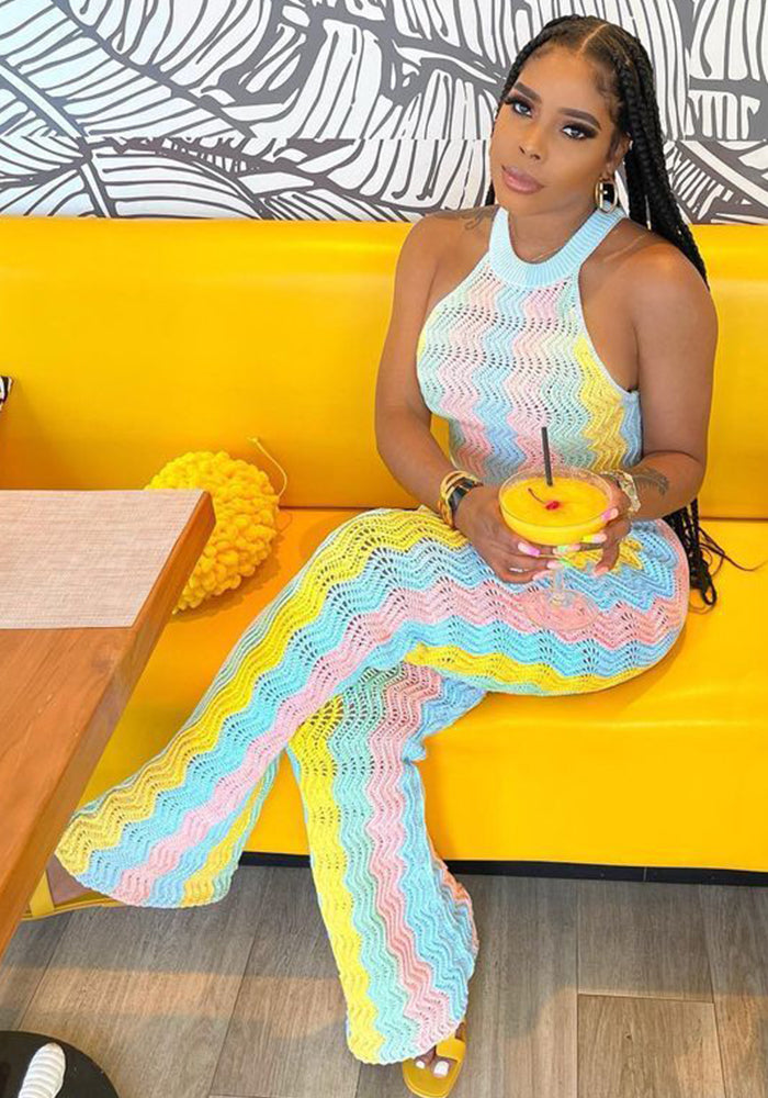 Women knitting sleeveless Top and Bell Bottom Pant two-piece set