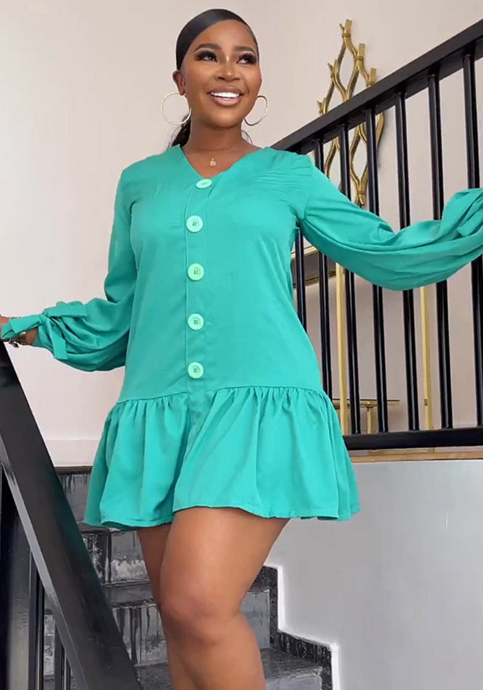 Women's Fashion Casual V-Neck Long Sleeve Ruffled Pleated Dress