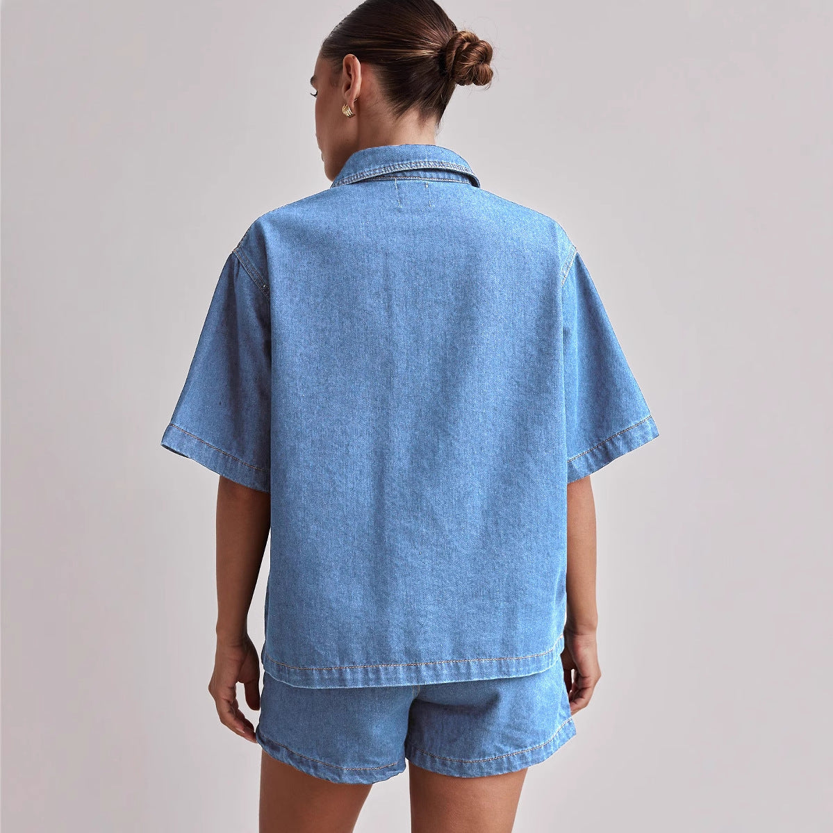 Summer Women's Casual Loose Denim Shirt Shorts Set 8