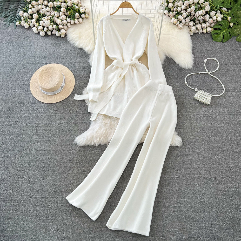 Women autumn lace-up long-sleeved knitting cardigan jacket and loose wide-leg pants two-piece set 9