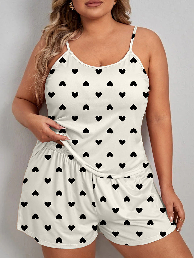 Summer Plus-Size Women's Heart Print Pajama Set Bow Shorts Loose Sleepwear 8