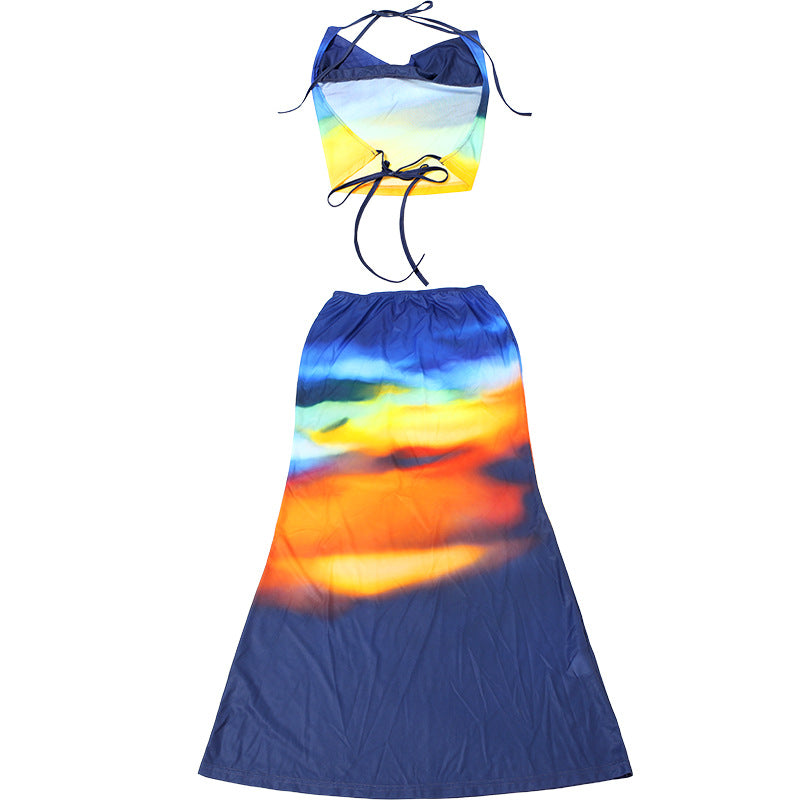 Summer Street Style Print Sleeveless Halter Neck Crop Top & Skirt Set 11