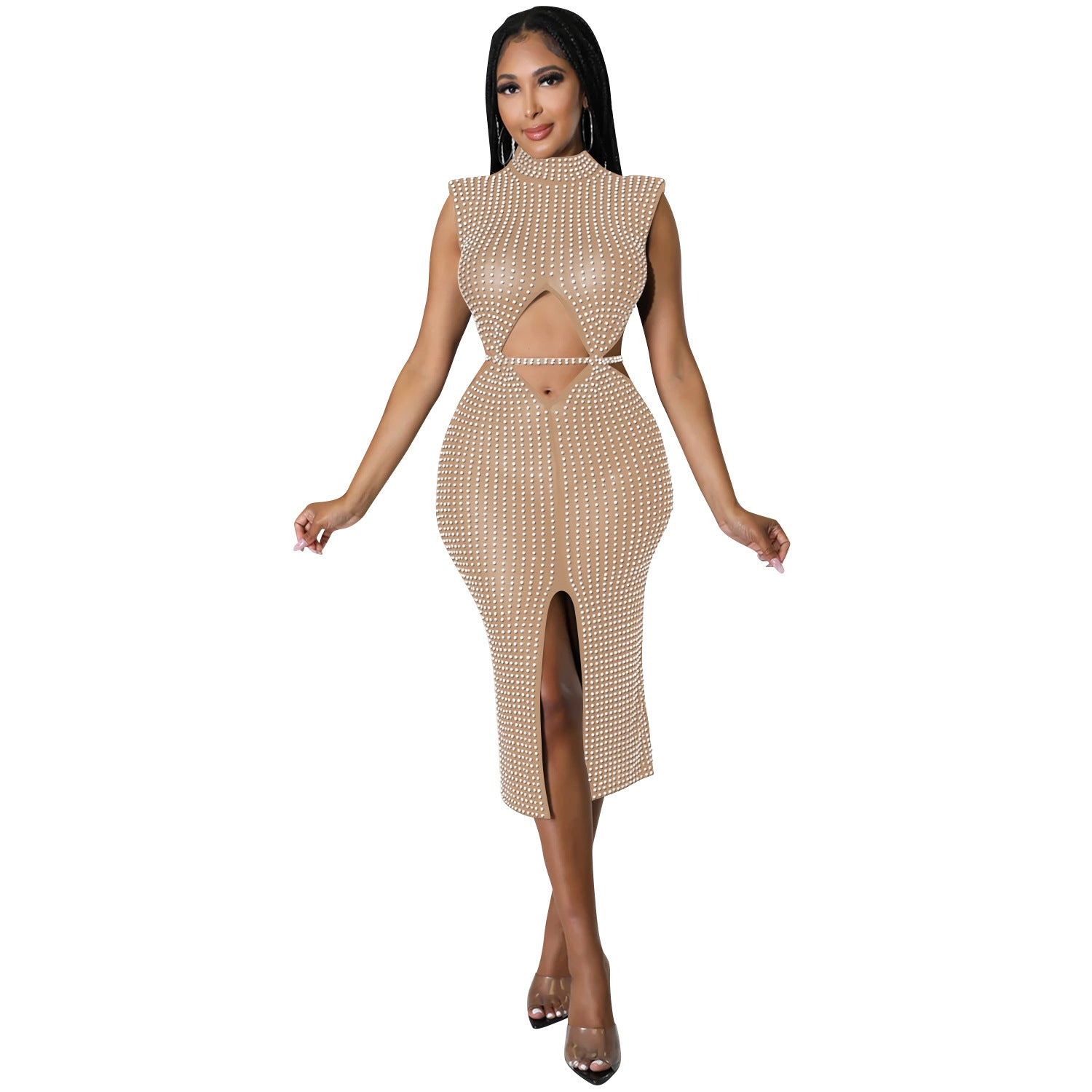 Women Fashion Sexy Mesh See Through Hot Drill Hollow Out Slit Dress 7