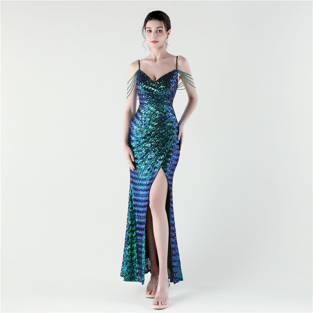 Women Evening V Neck Sequined Slit Evening Dress 7