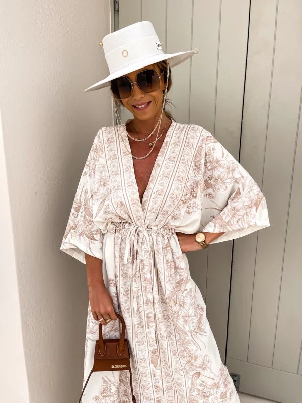 Women Spring Summer V Neck Short Sleeve Printed Dress 6