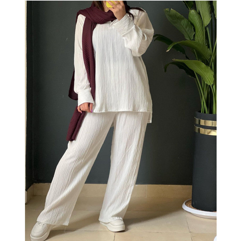Women Autumn Casual Long Sleeve Turndown Collar Irregular Shirt and Pants Two-piece Set