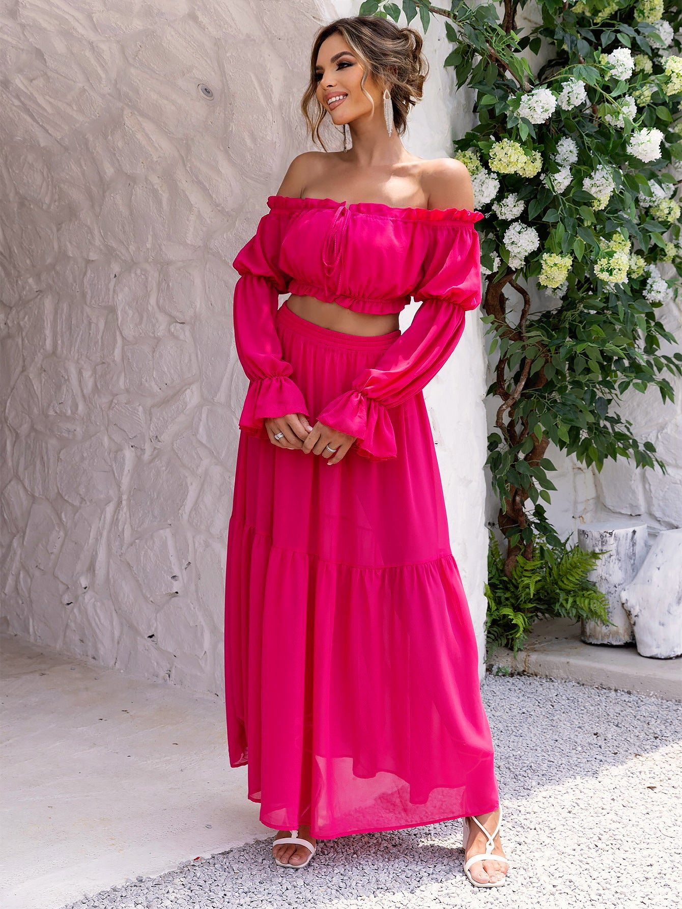 Women Solid Sexy Long Sleeve Off Shoulder Top and Skirt Two Piece Set 4