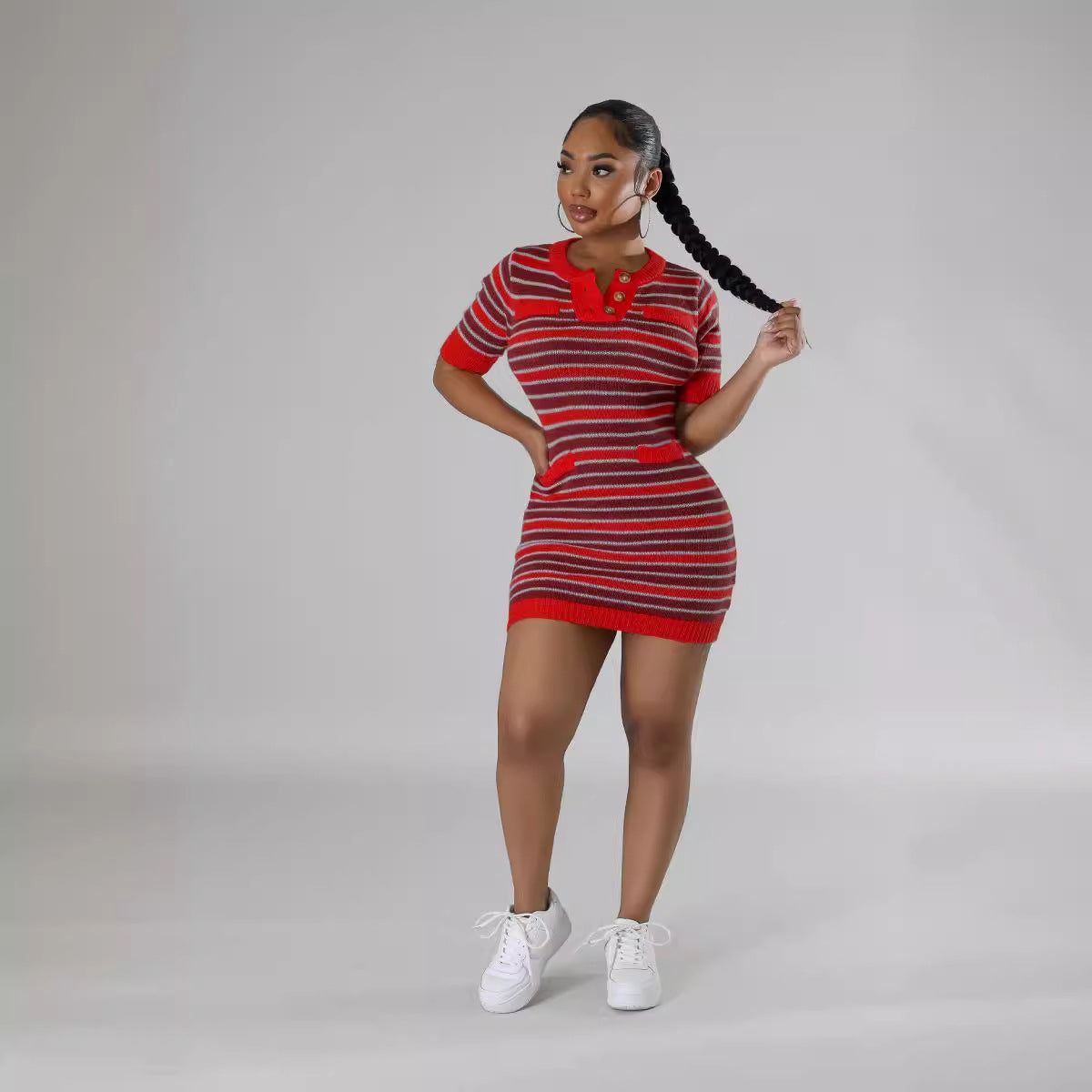 Women Round Neck Striped Knitting Short Sleeve Dress 9