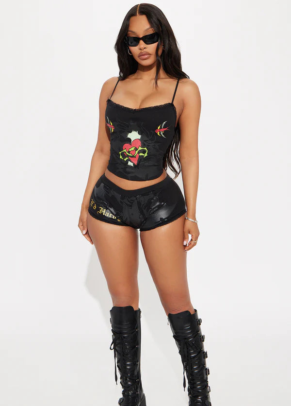 Print Lace Trim Strap Top Shorts Set 5