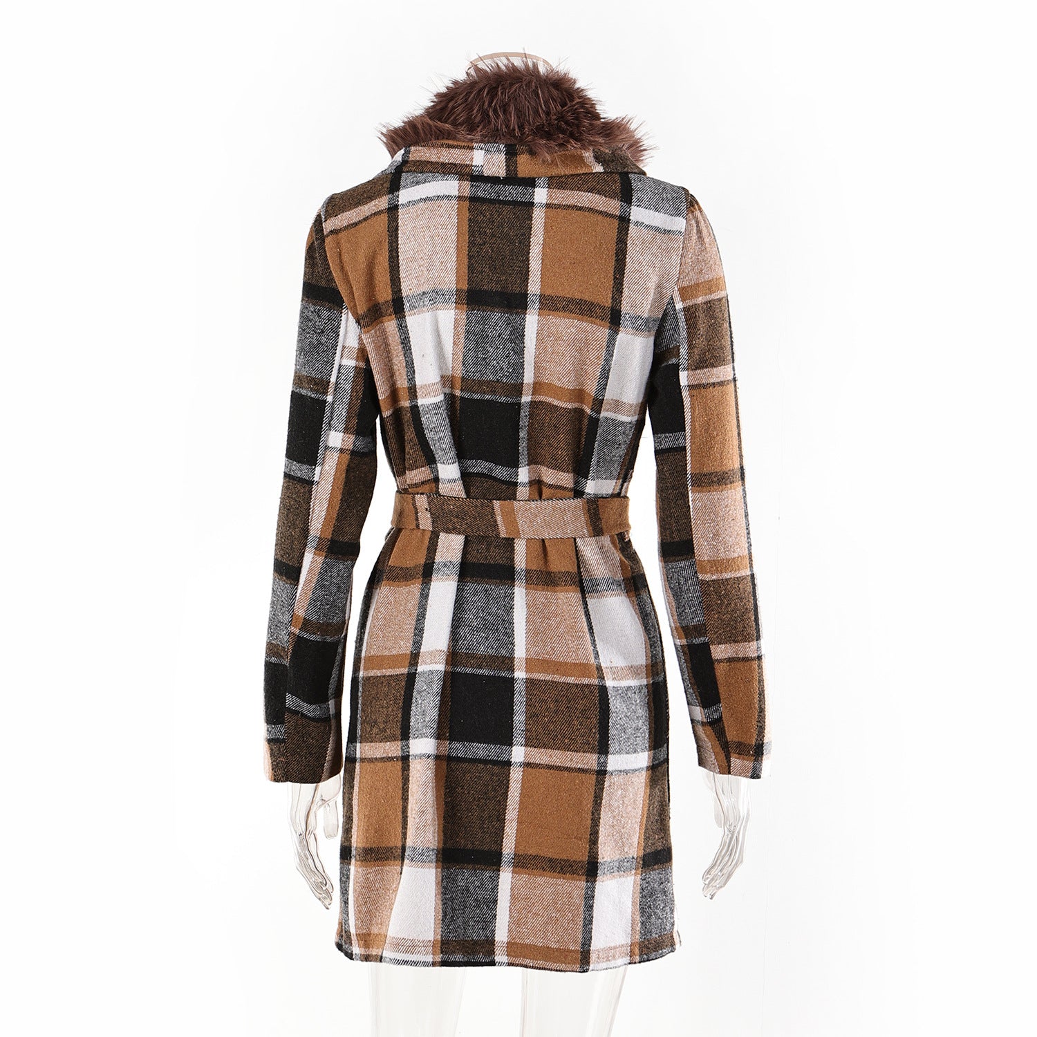 Women Contrast Plaid Patchwork fleece Turndown Collar Loose belt Slim Waist Chic Long Coat 7