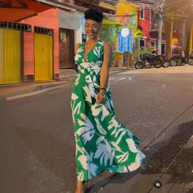 Women Summer Print Lace-Up Maxi Dress 5