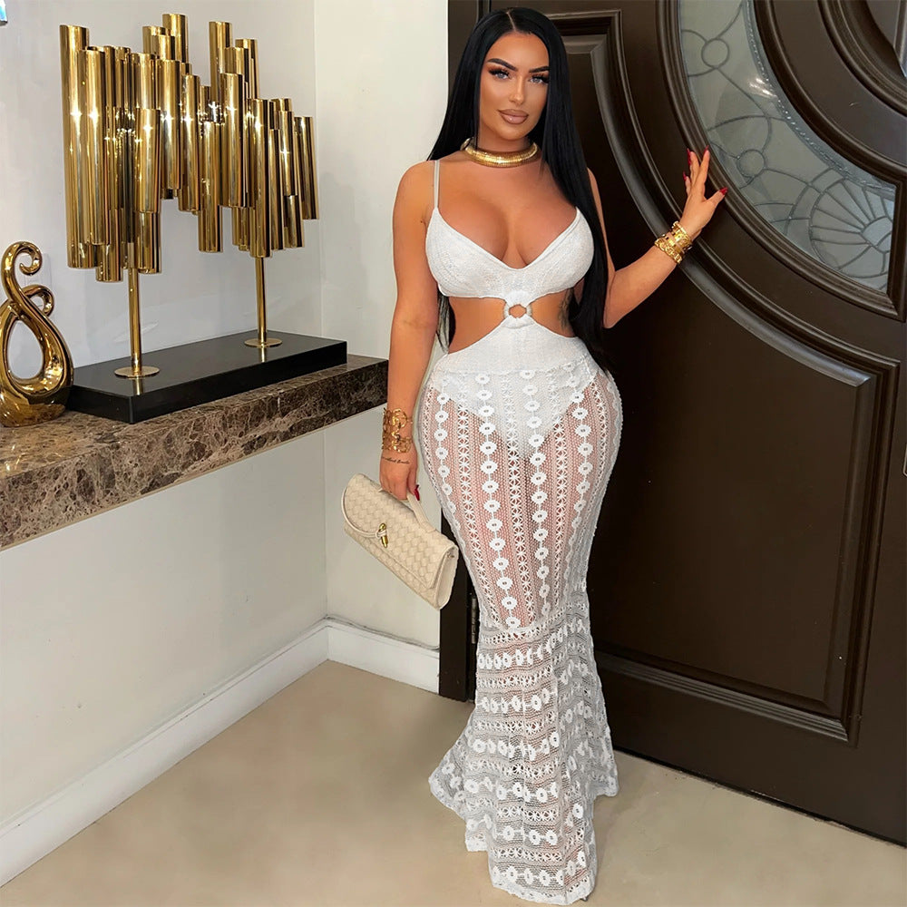 Women Sexy Suspender V-Neck Lace See-Through Bodycon Dress 5