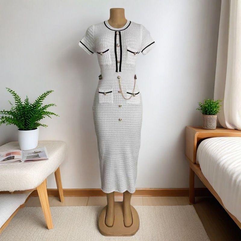 French Elegance Chic Fitted Round Neck Short-Sleeve Gold Button Knit Dress 4