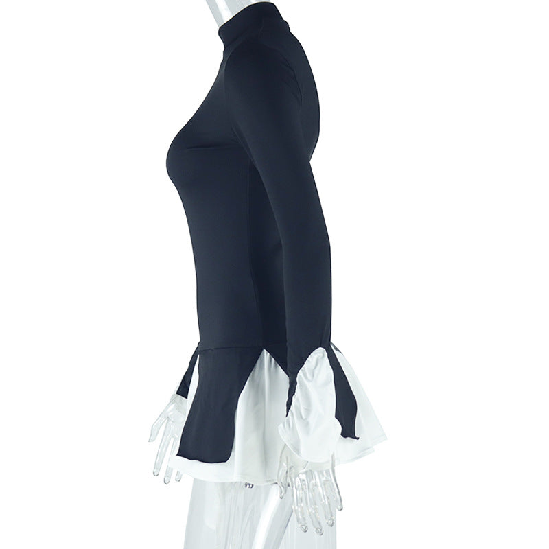 Women High Neck Bell Bottom Sleeve Fake Two-Piece Dress 8