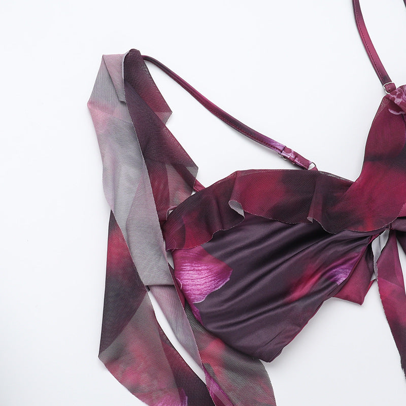 Street-Style Holiday Ruffled Print Two Piece Set Summer Sexy Slit Skirt Set 11