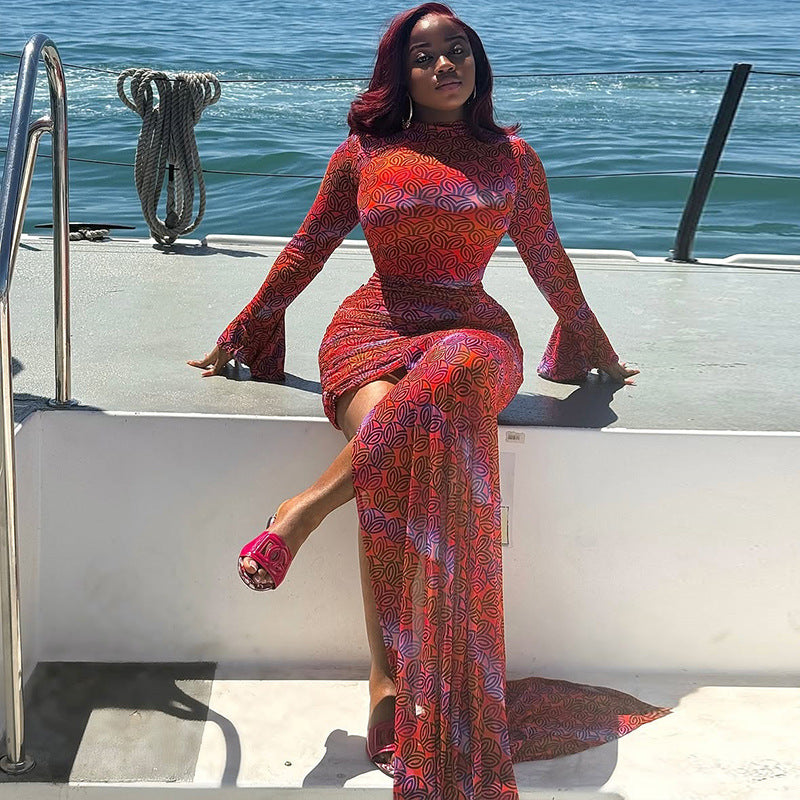 trendy women's clothing  print fashion irregular long-sleeved short bodycon dress