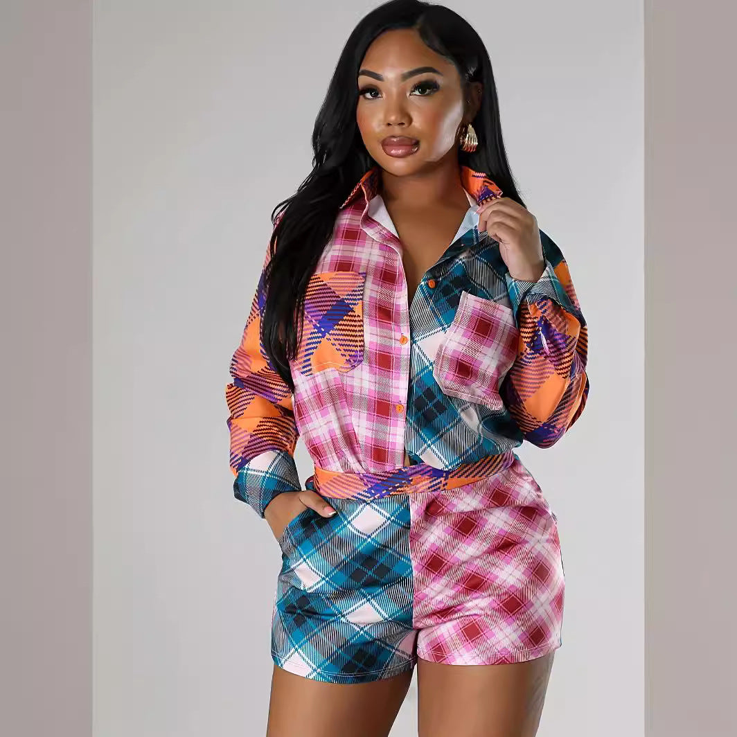 Women contrast plaid print long-sleeved shirt and shorts two-piece set 3