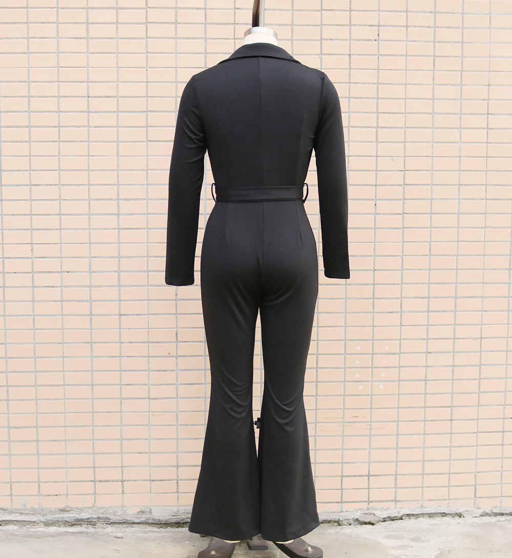 Women Turndown Collar Long Sleeve Bell-Bottom Jumpsuit 23