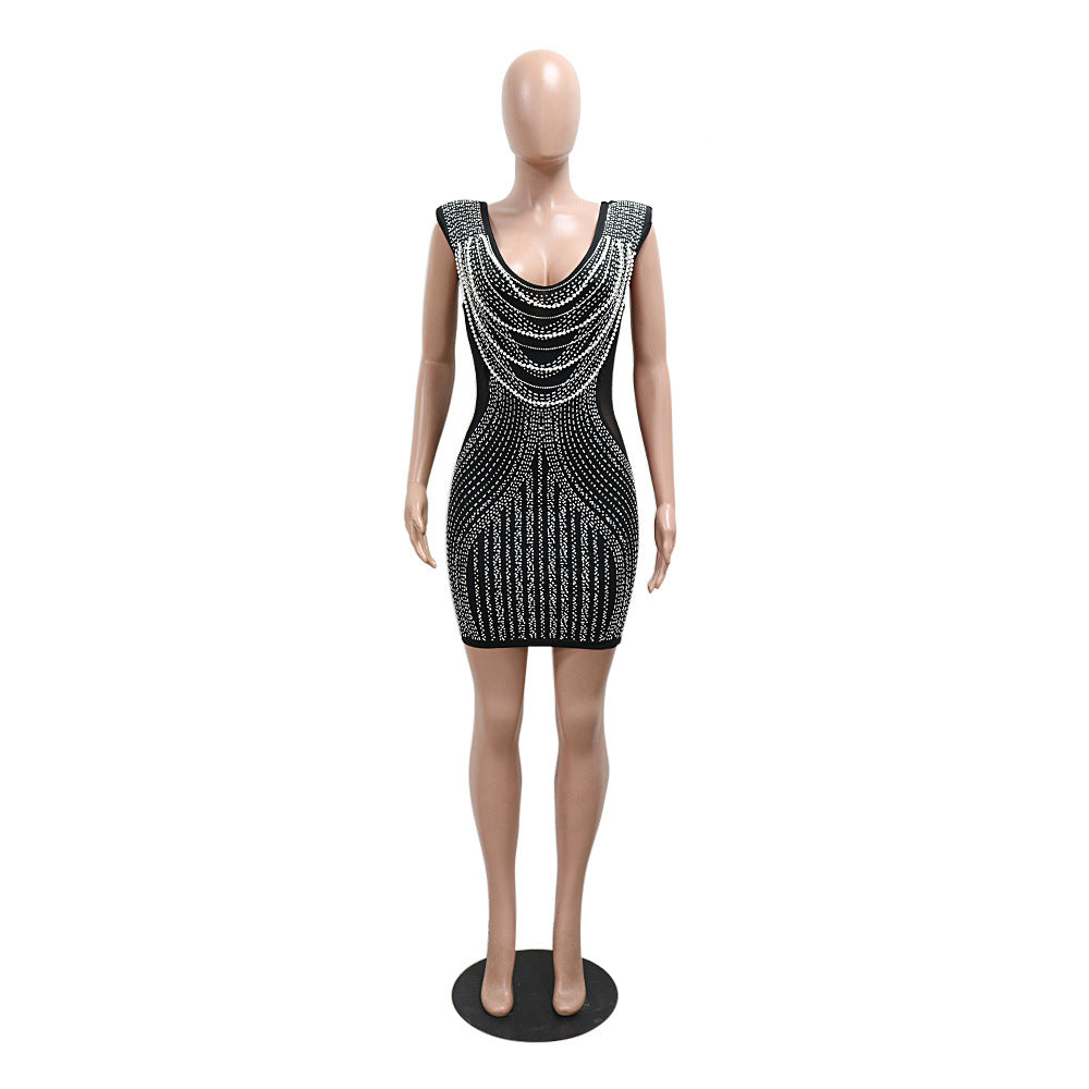 Women V-neck Sleeveless Bodycon Beaded Dress 14